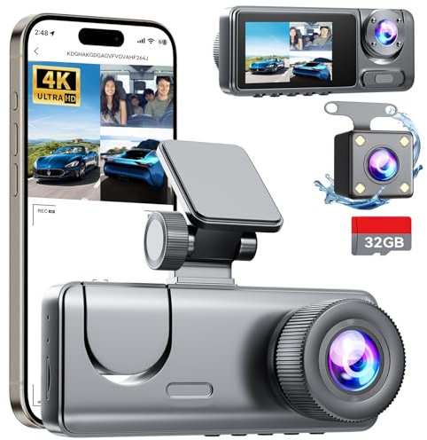 Dash Cam Front and Rear, 4K Full HD Dash Camera with 32GB SD Card, 3 Channel Dash Cam for Cars, Dashcam with Night Vision, 24H Parking Mode, G-Sensor, Loop Recording, 170°Wide Angle