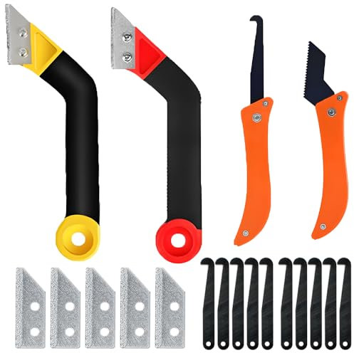 Pro Grout Removal Repair Tool Set Grout Rake Tile 4Pcs Saw Angled Scraping Rake Tool, Long-handled Scraper with 15Pcs Extra Replacement Accessories for Tile Cleaning