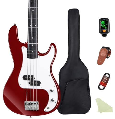 Bullfighter Electric Bass Guitar 4 String Full Size PB PJB Bass Complete Starter Kit for Beginner Musicians Rock Enthusiasts Value Seekers with Gig Bag, Strap, Picks, Tuner and Guitar Cable IB (Red)