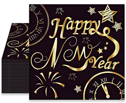QITHGYD 40 Stück Servietten Silvester 2026, Happy New Year Decoration, Schwarz Gold Papierservietten 33x33cm mit Uhr-Motiv, Elegante Silvester Tischdeko für Neujahrsfeier & Party