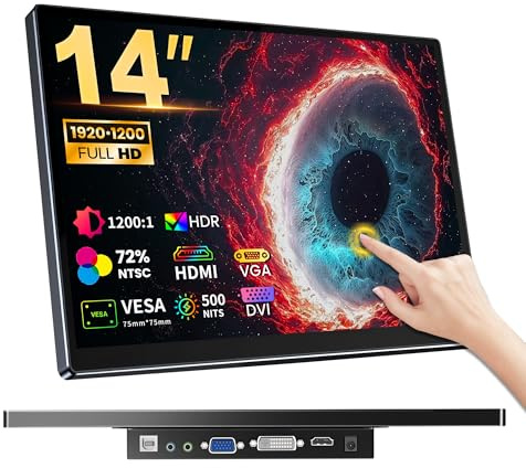 Ueplain 500 Nits Tactile de 14 Pouces Moniteur, Portable Écran Tactile Full HD 1920×1200 IPS avec HDMI, VGA et DVI Plug & Play, Compatible VESA, Convient aux Ordinateurs Laptop, PC, Xbox, Industries