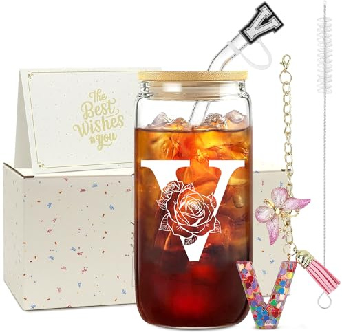 ZIOSINM Cadeau Anniversaire Femme Tasse Personnalisable Cadeau Femme | A-Z Lettre 500 ml Verre Matcha, Verre avec Ouvercle et Paille + Porte-clés, Idee Cadeau Femme pour Noël ou Saint-Valentin