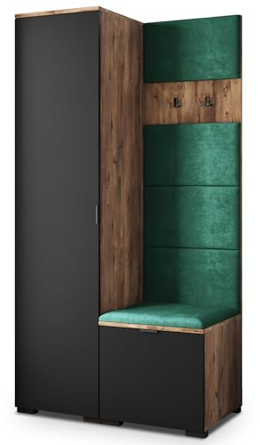 Masseno Flugarderoben Set Lori, Kleiderschrank-Set mit Sitzbank, Garderobenschrank Flur mit 3 Regalböden, Eiche Lefkas/Schwarz