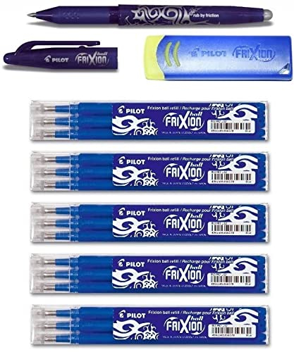 Special Bonus Pack Pilot FriXion Ball Tintenroller [0,7] 15 Ersatzminen Nachfüllminen | 5 Set á 3 Stk blau+ 1 Frixion Ball in Blau und 1 Frixion original Remover in Blau