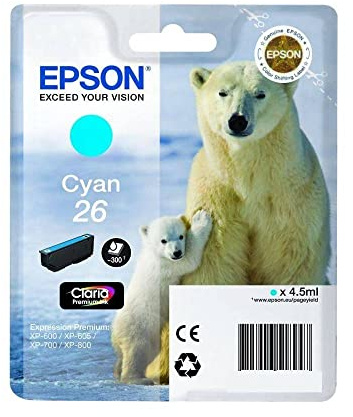 Original Epson C13T26124012 / 26, Premium Drucker-Patrone, Cyan, 300 Seiten