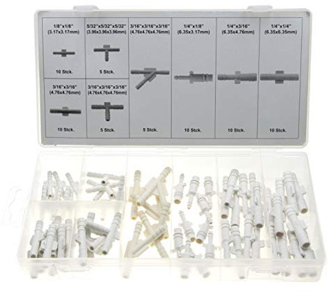 Alkan Schlauchverbinder Sortiment – 65-tlg. | Kunststoff Vakuum-Verbinder 1/8''–1/4'' Gerade, T-Form & Y-Form für Luft- & Wasserschläuche – inkl. Klarsicht-Sortimentsbox