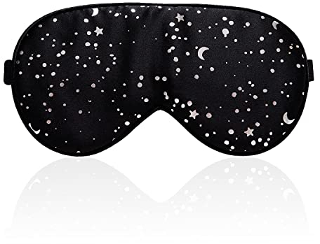 Mascherina per dormire, con cinghia regolabile, comoda e super morbida, in 100% seta, eccellente aiuto per dormire, motivo: luna argentata