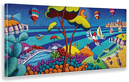 Giallobus - Quadro - Stefano Calisti - Mare d'estate con barche - Tela canvas - 140x60 - Pronto da appendere - Quadri moderni per la casa