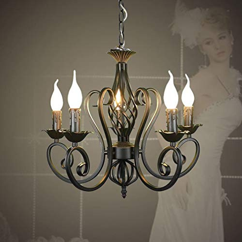 E14 Pendelleuchte Kronleuchter Kerze Vintage Elegante Esszimmer Wohnzimmerlampe Schwarz, Rund Hängelampe für Landhaus Rustikal Arbeitszimmer Esstisch Design Lampe, 5-flammig, Höhenverstellbar, L52cm