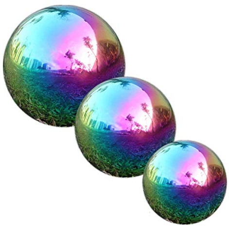 GDglobal Edelstahlkugeln, 3 Stück Regenbogen Gartenkugeln Spiegelkugel Edelstahl für Gartendekoration, je 1x Durchmesser 10cm,12cm,15cm