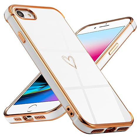 DEFBSC Case for iPhone SE(5G) 2022/iPhone SE 2020, iPhone 7/iPhone 8,Fashion Cute Love Heart Shape Plating Edge Silicone Case Shockproof Soft TPU Back Cover Protective Case with Heart Pattern- White