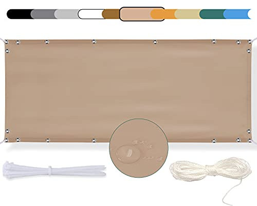 MEEYI Balkon Sichtschutz 100x1300cm Balkon seitenmarkise Balkonabdeckung Balkonverkleidung Wind-und UV-Schutz Wetterfest mit Kabelbinder Ösen Seil, für Balkongeländer, Terrasse & Garten Sandfarbe