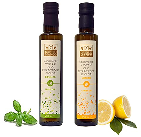 Basil and Lemon Extra Virgin Olive Oil Gift Set, Award winning Infused Olive Oil from Danilo Manco, Cold Pressed, Produced in Italy, 2 x 250ml bottles