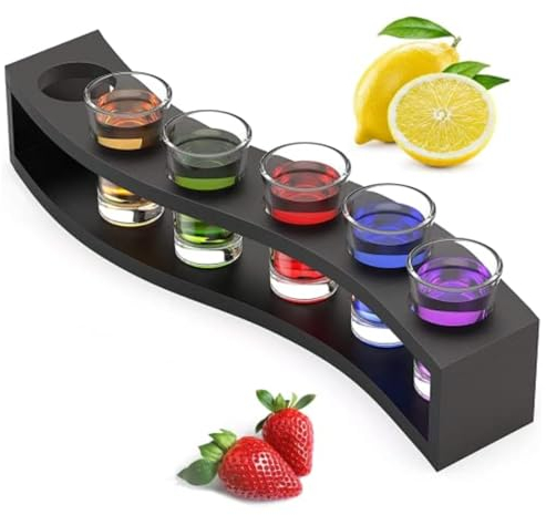MOUMOUTEN Shot Glass Shelf Tray, 6 Holes Shot Glass Serving Tray, Black Wooden Shot Glasses Rack for for Liquor Shots Whisky Brandy Vodka Rum Home Party Bar