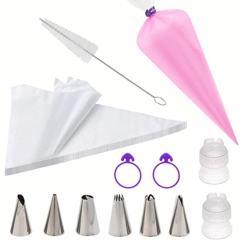 36 Stück Spritzbeutel Set mit Tüllen, Torten Zubehör Set zum Backen mit Einweg Spritzbeutel und Spritztüllen Edelstahl, Silikonringe Backen,für Kuchen Dekorieren Torten Zubehör Backwerkzeug