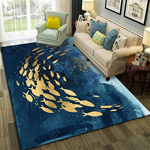 kinderteppich waschbar blau Wohnzimmer Schlafzimmer Teppich Blau Fisch Abstraktes Muster Strapazierfähiger Weicher Teppich teppiche für balkon 140X200CM kinderteppich jungen 4ft 7.1''X6ft 6.7''