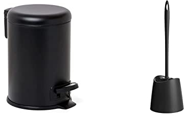 Tatay Papelera de baño de acero inoxidable con pedal, capacidad 3L, color negro. + Escobillero estándar, polipropileno, escobilla negra, color negro.