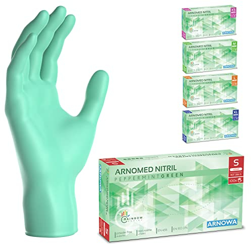 ARNOMED Einweghandschuhe Grün 100 Stück/Box, Einmalhandschuhe S, Nitrilhandschuhe, Handschuhe Einweg puderfrei, latexfreie Gummihandschuhe, Einweghandschuhe in XS, S, M, L & XL verfügbar