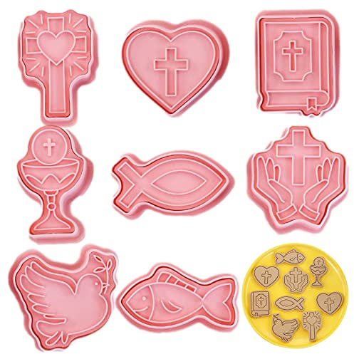 Juego de 8 cortadores de galletas cristianos, formas de cruz | Cruz de dibujos animados 3D, de la paz, cáliz, galleta cristiana en forma de pez