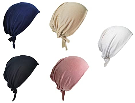 Kellegour 5 Stück Islamische Muslimische Hijab Untertuch,Frauen Kopftuch Elastic,Underscarf Hijab Mütze Verstellbare,mit Bindeverschluss,Solid Color(Marine,Schwarz,Weiß,Hautfarbe,Rosa)