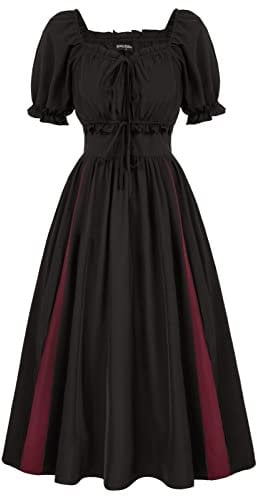 SCARLET DARKNESS Women’s Retro Renaissance Dress Puff Sleeve Square Neck Ruffled Smocked Victorian Long Dresses for Summer Black XL