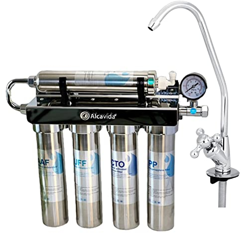 Alcavida filtro purificador e ionizador de 5 etapas de acero inoxidable con grifo incorporado - Sistema de ultrafiltracion compacto para agua alcalina e hidrogenada.