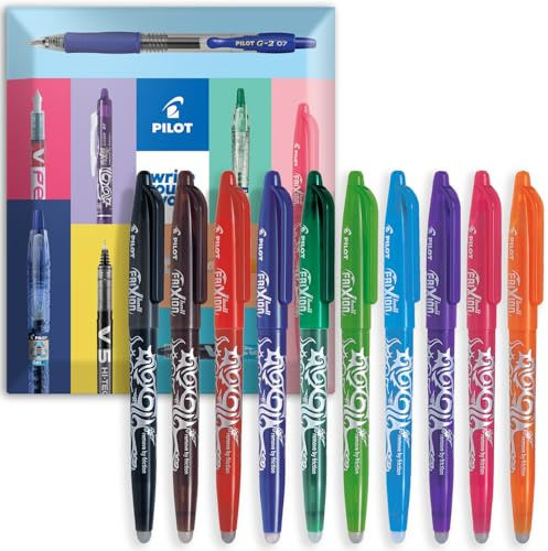 PILOT Frixion radierbarer Tintenroller FR7, mittlere 0,7 mm Spitze, in Umschlag, Geschenkverpackung, 10 Stück, Schwarz, Braun, Rot, Orange, Rosa, Violett, Blau, Hellblau, Limettengrün, Grün