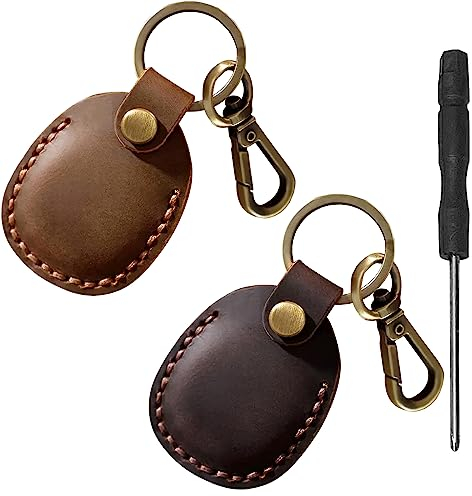 Cuoio Genuino Airtag2 Pezzo-Fatto a Mano Air Tag per Apple Custodia Airtag Portachiavi Adatto Per Airtag Apple con Cacciavite Incrociato,Porta Chiavi Airtag Resistente Ai Graffi (Marrone + Caffè)