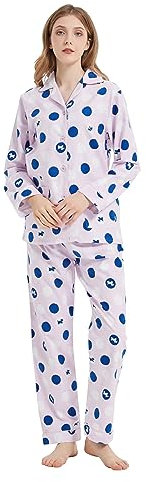 kolipajam Ensemble de pyjama en flanelle 100 % coton pour femme - Pyjama d'hiver confortable avec cordon de serrage à la taille, Cercle rose bleu et blanc, L