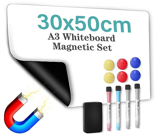 A3 Magnetisch Whiteboard Kühlschrank 30x50 cm, WECUTE Magnetischer Wochenplaner Magnetfolie, Abwischbar Magnetisches Magnettafel für Familie mit Markers & Whiteboard Schwamm & Magnetes