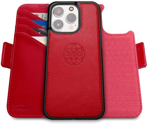 Dreem Fibonacci kompatibel mit iPhone 15 Pro Max Brieftaschen-Etui / 2-in-1 stoßfestes Etui und abnehmbares Folio aus veganem Leder, MagSafe-kompatibel, RFID-Schutz [Rot]