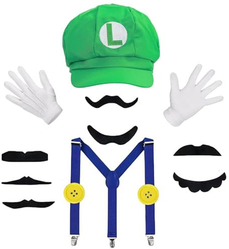 IRWOY Mario Kostüm Accessoires: Karneval Mario Kostüm Bros Mütze Hut Handschuhe Bart gelbe Knöpfe Kostüm für Fasching - Erwachsene Damen Herren Kind Outfits Cosplay Karneval Kostüm (Grün1)