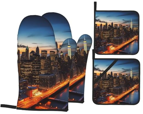 Ofenhandschuhe und Topflappen, Motiv: New York City Landschaft, 4-teiliges Set, hohe hitzebeständige heiße Pads, wasserdichte Ofenhandschuhe, Grillhandschuhe zum Grillen, Kochen, Backen