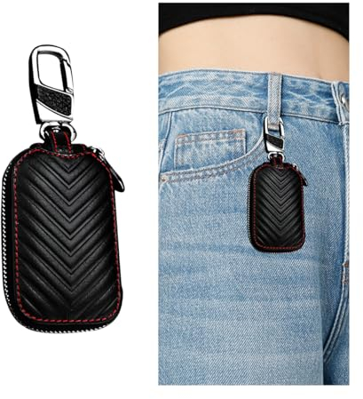 CGEAMDY Universal Car Key Case, Leather Car Key Smart Keychain Holder with Zipper and Metal Hook, Genuine Leather Cars Key Chains Wallet Men Women Pouch Case Holder, For Home Car Keys(Black)
