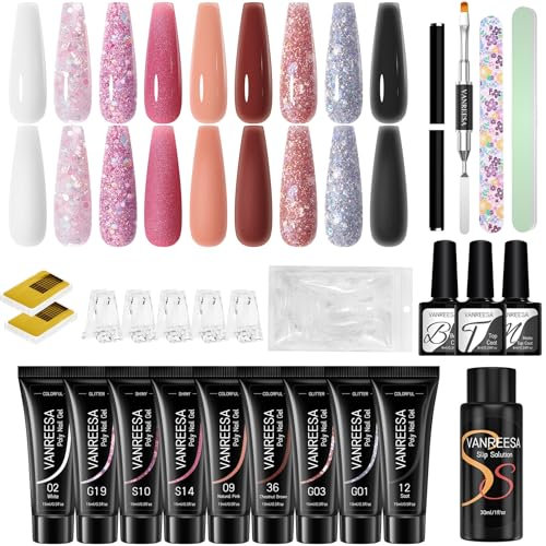 VANREESA Kit Gel Ongles Poly, 9 Couleurs 15 ml Kit Extension Ongles Gel Poly, Kit Manucure Gel U V Complet, Cadeau pour Femmes