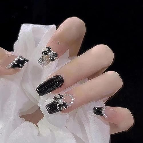 MrCuvaryas French Press on Nails Kurz, Nägel zum Aufdrücken, Falsche Nagelspitzen, Künstliche Nägel, mittellang, Strass, rosa, künstliche Nägel, quadratisch, glänzend (Black Bowknot, 24 Stück)