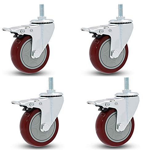 4er-Pack Möbelrollen mit drehbarem Stiel, rotes PVC-Industrierollenrad, Bolzenmontage M12 x 30 mm, robust, stumm, Ersatz für Karren, Rollwagen, Werkbank (Bremse 5 Zoll)