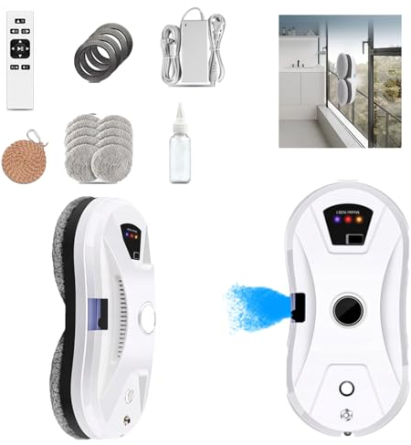 Hooha Fensterputzroboter Mit Automatischem Wasserstrahl 5600Pa, Fensterreinigungsroboter Elektrisch Mit 3 Reinigungsrouten,4m Sicherheitsseil,Fernbedienung,30 Ml Wassertank,Für Fenster/Glastür/Marmor