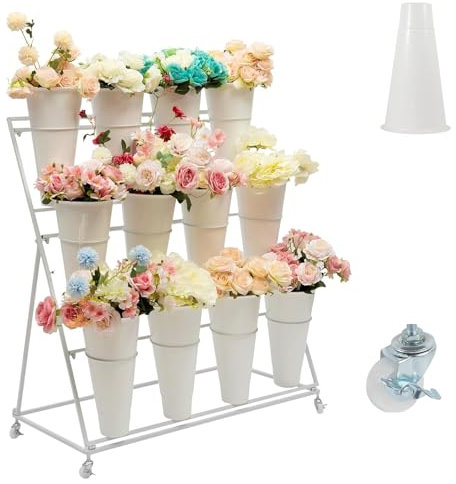 Blumenwagen aus Metall, mit Rollen, 3 Ebenen, mobiler Blumenhalter, Ständer für Garten, Terrasse, inklusive 12 Eimern