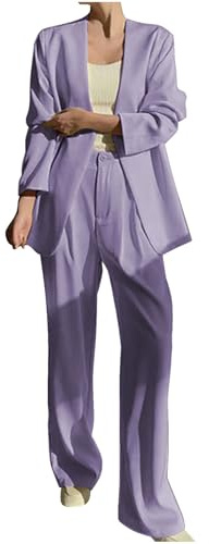 Flodxo Damen Zweiteiliger Anzug Set Damen Hochzeit Gäste Outfits Plus Size Hosenanzüge Open Front Lange Ärmel Anzugjacke Breites Bein Hose Elegant Arbeit Business Anzüge & Blazer, 12 lila, M