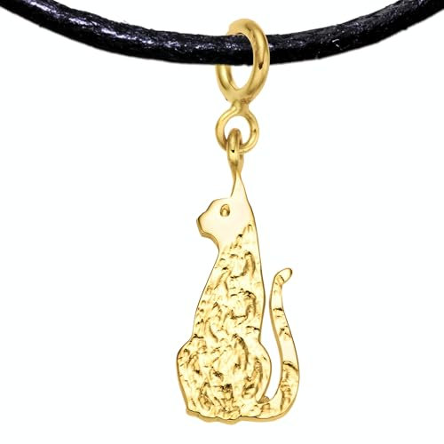 Katzen Schmuck Gold Anhänger mit Halsband, Handgefertigter Katzenanhänger Katzen Kette Charm Schmuck aus Silber 925 auch für Armband, Halskette - Cat Necklace, PRIDE Fashion (Silber Vergoldet, Katze)