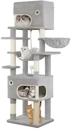 Hzuaneri Tiragraffi per Gatti, Albero per Gatti Multistrato da 178 cm con Grande Piattaforma, 2 Grotte, 7 Pali in Sisal, Pompon, Cesta, Amaca, Grigio Chiaro MS17818LG