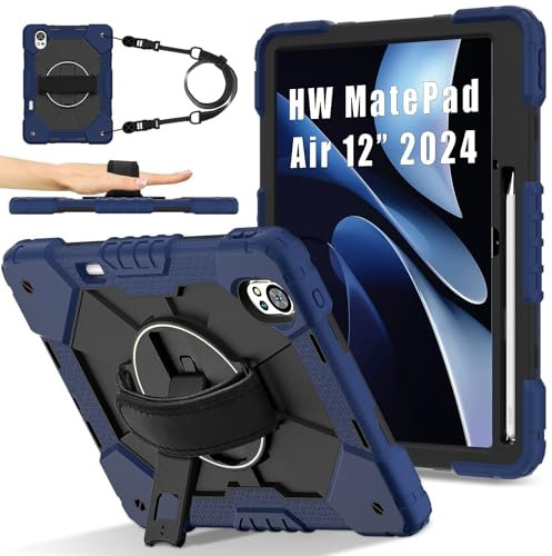 Custodia protettiva per tablet Compatible with Huawei MatePad Air 12 inch 2024 Tablet Case Full Protective Shockproof Case, Case with Pencil Holder&Rotating Multi-Function Grip Bracket(Navy Blue+Black