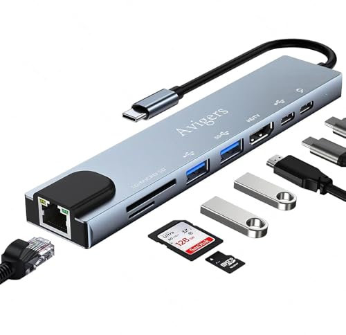 Hub USB C con Ethernet, Adaptador USB C 8 en 1 con 4K HDMI, Ethernet LAN RJ45, PD 100W, USB C, USB 3.0, USB 2.0, SD/TF, Docking Station USB C para MacBook Pro/Air, ChromeBook