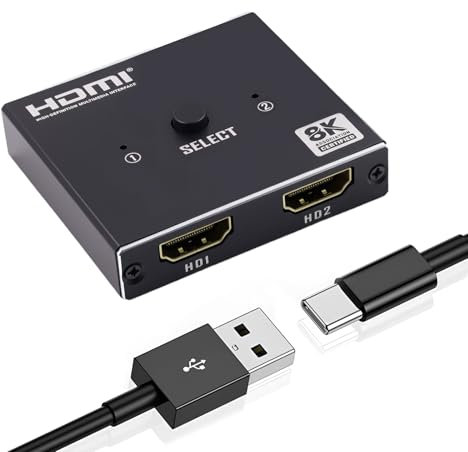 Duttek 8K HDMI Splitter 1 in 2 Out, HDMI 2.1 Switch 2 in 1 Out Support Bi-Direction, 8K@60HZ HDR for Xbox Series, PS5/PS4/PS3, Roku, Apple TV, PC, Fire Stick