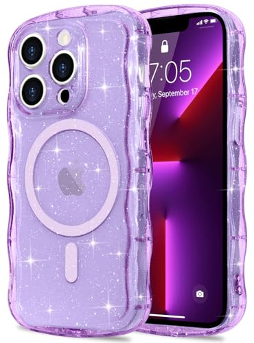 Pepmune for iPhone 13 Pro Max Case Clear Bling Compatible with Magsafe | Soft TPU Curly Wavy Frame & Hard PC Back,Sparkle Glitter Magnetic Cover,Slim Shockproof Wave Phone Case-Purple