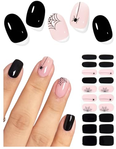 AutyaMee Semi Cured Gel Nail Strips (Black Spider Web), Halloween, 20 Pcs Gel Nail Wraps, Stickers, UV Light Required, Salon Quality, Long Lasting