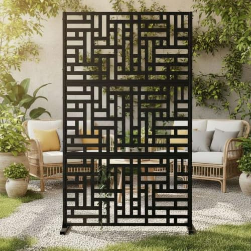 Nicoman Outdoor Privacy Screen Panel, Decorative Metal Garden Divider, Geometric Pattern, Freestanding Room Partition for Patio, Deck, Backyard (Black - Maze, 180 x 90 cm)