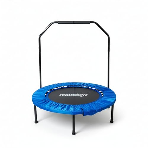 Relaxdays Trampolin mit Haltestange, Ø 102 cm, faltbares Minitrampolin bis 120 kg, Fitnesstrampolin Indoor, blau