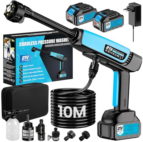 Hidrolimpiadora Bateria,Pistola de Agua a Presión 21V 80 bar,2x4000mAh,Boquilla 6 en 1,Tubo de 10 m Press & Clean Pistola Lavado,Hidrolimpiadora Portatil Batería para Coche Jardín Terraza Césped Riego